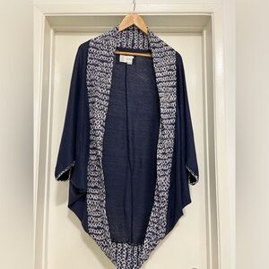 Navy Blue Open Front Lightweight Cardigan with Patterned Trim